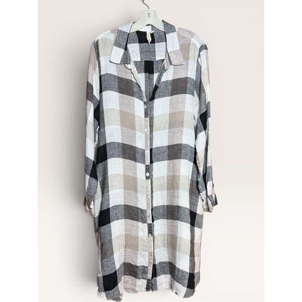 Linen Plaid Shirt Dress XL Neutral Buffalo Check Tunic Resort wear Match Point